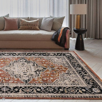 Sovereign Traditional Persian Vintage Distressed Shimmer Medallion Border Soft-Touch Ribbed Textured Polyester Low Profile Short Pile Fringe Terracotta/Beige/Black/Grey/Multi Rug-Asiatic Carpets-Rug Love - The Most Loved Rug Store
